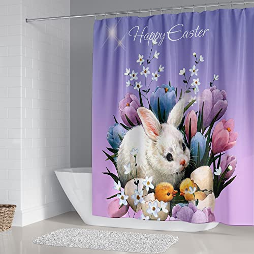 DDS-DUDES DDSDUDES 4Pcs Easter Shower Curtain SetsFunny Rabbit Easter and Blue Eggs for Bathroom DecorHappy Easter Rabbit Waterproof Fabric Curtains with Hooks 71x71 inches Colour F - Image 3
