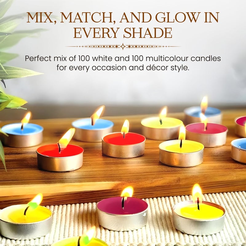 D'Velas ™ Wax Tealight Candles - Pack of 200 | 100 White + 100 Multicolour | 2 Hours Burn Time Each | Unscented, Smokeless & Dripless | Long Burning Tealights for Diwali, Pooja, Home Decor & Party Use - Image 4