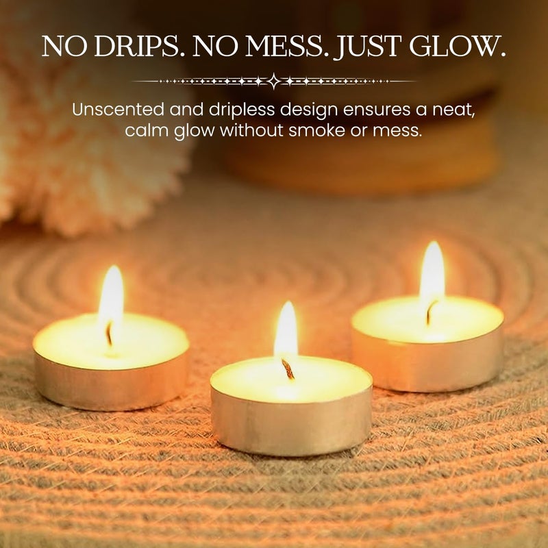 D'Velas ™ Wax Tealight Candles - Pack of 200 | 100 White + 100 Multicolour | 2 Hours Burn Time Each | Unscented, Smokeless & Dripless | Long Burning Tealights for Diwali, Pooja, Home Decor & Party Use - Image 3