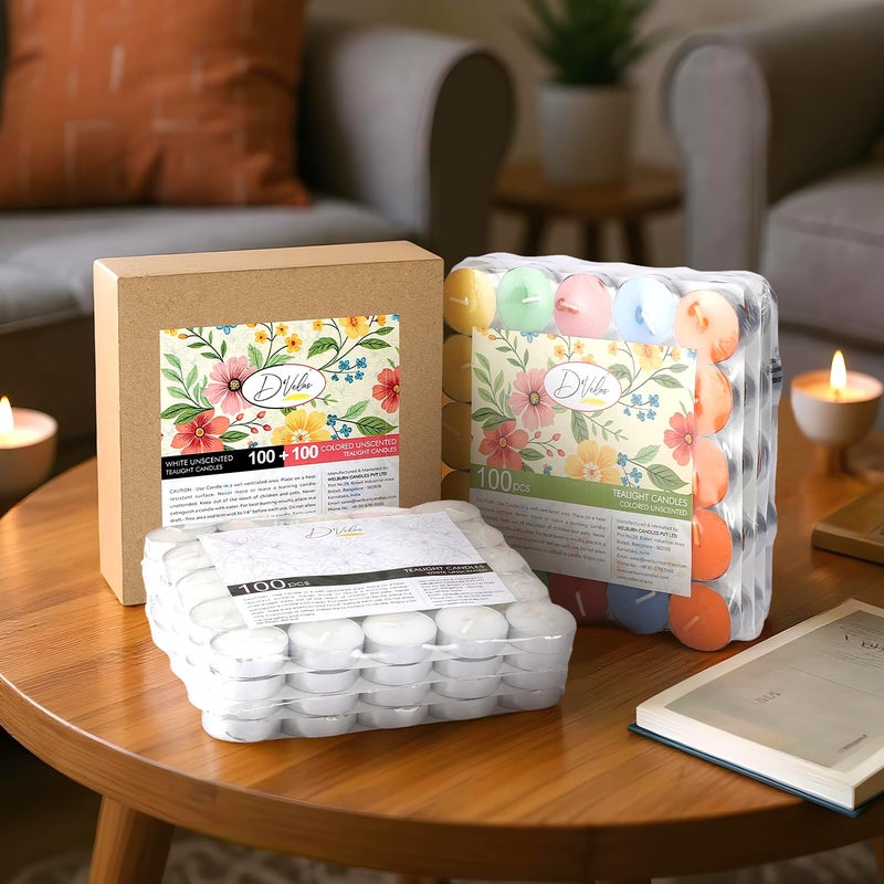 D'Velas ™ Wax Tealight Candles - Pack of 200 | 100 White + 100 Multicolour | 2 Hours Burn Time Each | Unscented, Smokeless & Dripless | Long Burning Tealights for Diwali, Pooja, Home Decor & Party Use - Image 1