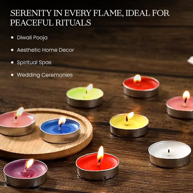 D'Velas ™ Wax Tealight Candles - Pack of 200 | 100 White + 100 Multicolour | 2 Hours Burn Time Each | Unscented, Smokeless & Dripless | Long Burning Tealights for Diwali, Pooja, Home Decor & Party Use - Image 5