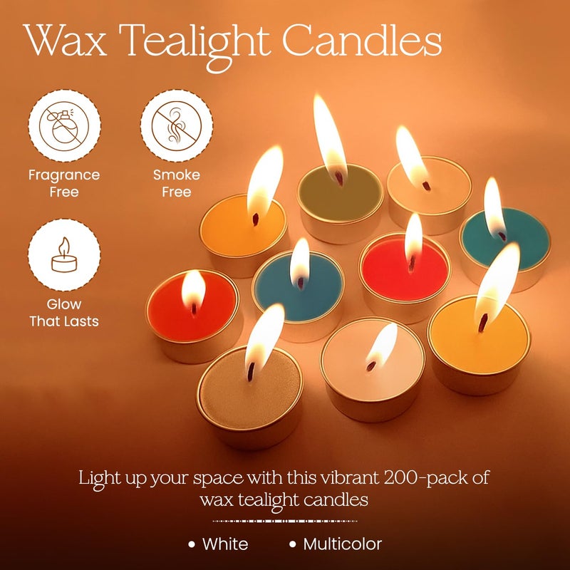 D'Velas ™ Wax Tealight Candles - Pack of 200 | 100 White + 100 Multicolour | 2 Hours Burn Time Each | Unscented, Smokeless & Dripless | Long Burning Tealights for Diwali, Pooja, Home Decor & Party Use - Image 2