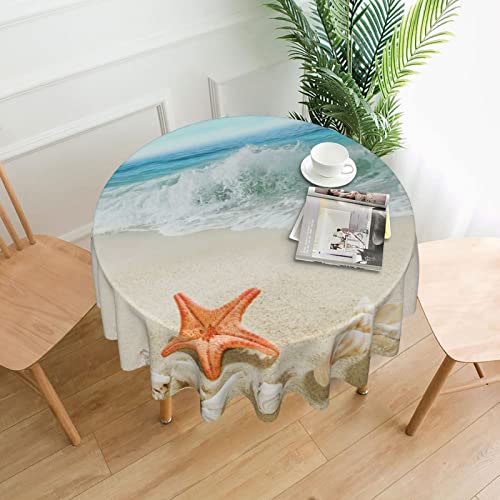 Sweetshow Summer Beach Tablecloth Round 60 Inch Waterproof Polyester Washable Circle Sand Starfish Ocean Waves Table Cover Table Cloth for Kitchen Dining Room Indoor Outdoor Picnic Patio Party - Image 2
