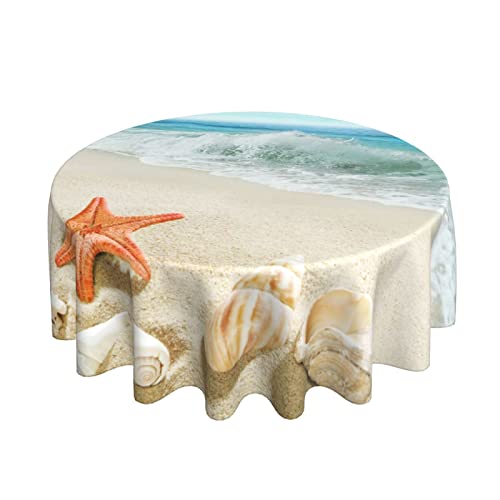 Sweetshow Summer Beach Tablecloth Round 60 Inch Waterproof Polyester Washable Circle Sand Starfish Ocean Waves Table Cover Table Cloth for Kitchen Dining Room Indoor Outdoor Picnic Patio Party - Image 1