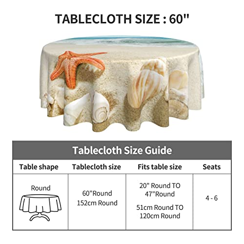 Sweetshow Summer Beach Tablecloth Round 60 Inch Waterproof Polyester Washable Circle Sand Starfish Ocean Waves Table Cover Table Cloth for Kitchen Dining Room Indoor Outdoor Picnic Patio Party - Image 5