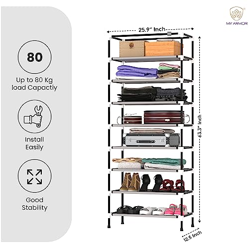 MY ARMOR 1 Door Multipurpose Foldable Wardrobe for Clothes, Multipurpose Cupboard for Storage Rack Cabinet, Foldable, Collapsible Fabric Wardrobe Organizer for Clothes, 1-Door, 8 Shelves/Cabin - Grey - Image 4