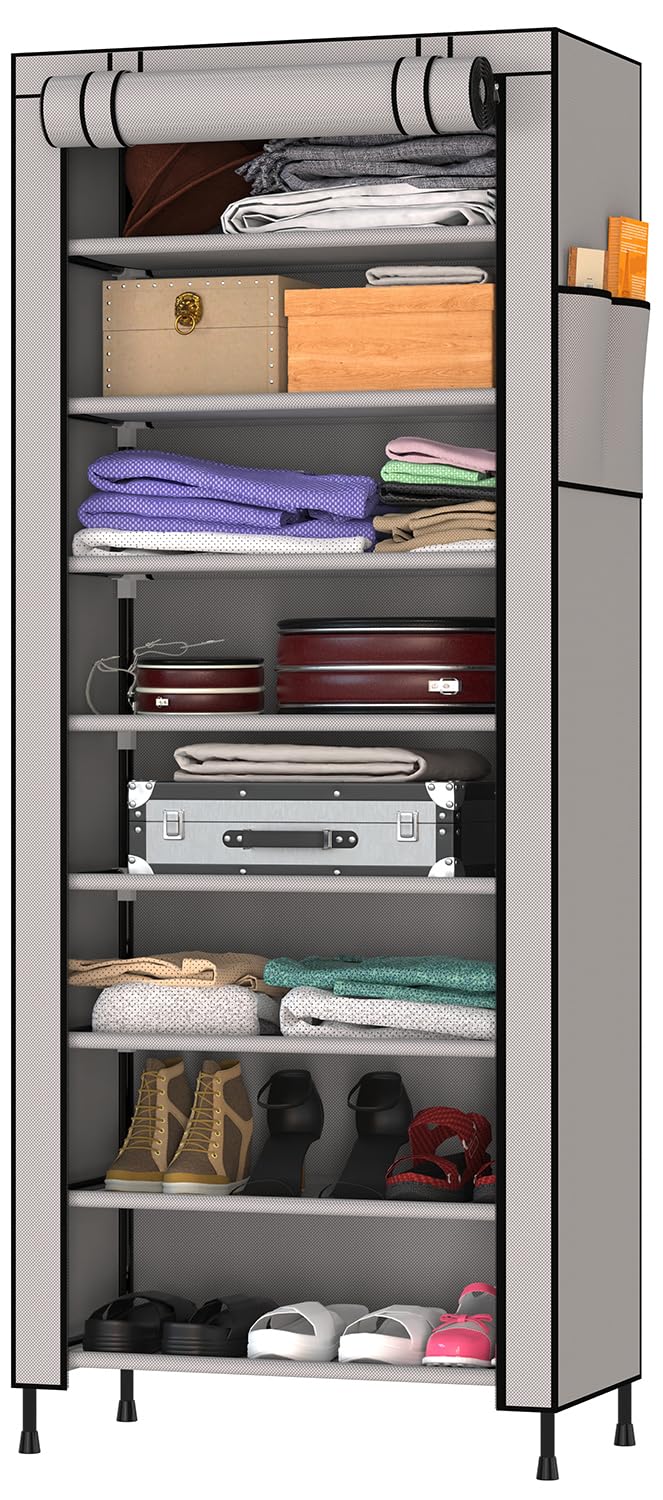 MY ARMOR 1 Door Multipurpose Foldable Wardrobe for Clothes, Multipurpose Cupboard for Storage Rack Cabinet, Foldable, Collapsible Fabric Wardrobe Organizer for Clothes, 1-Door, 8 Shelves/Cabin - Grey - Image 1