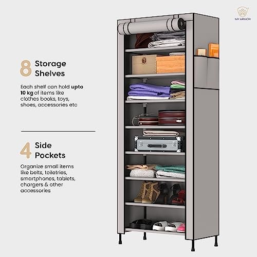 MY ARMOR 1 Door Multipurpose Foldable Wardrobe for Clothes, Multipurpose Cupboard for Storage Rack Cabinet, Foldable, Collapsible Fabric Wardrobe Organizer for Clothes, 1-Door, 8 Shelves/Cabin - Grey - Image 3