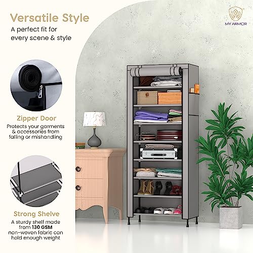 MY ARMOR 1 Door Multipurpose Foldable Wardrobe for Clothes, Multipurpose Cupboard for Storage Rack Cabinet, Foldable, Collapsible Fabric Wardrobe Organizer for Clothes, 1-Door, 8 Shelves/Cabin - Grey - Image 2