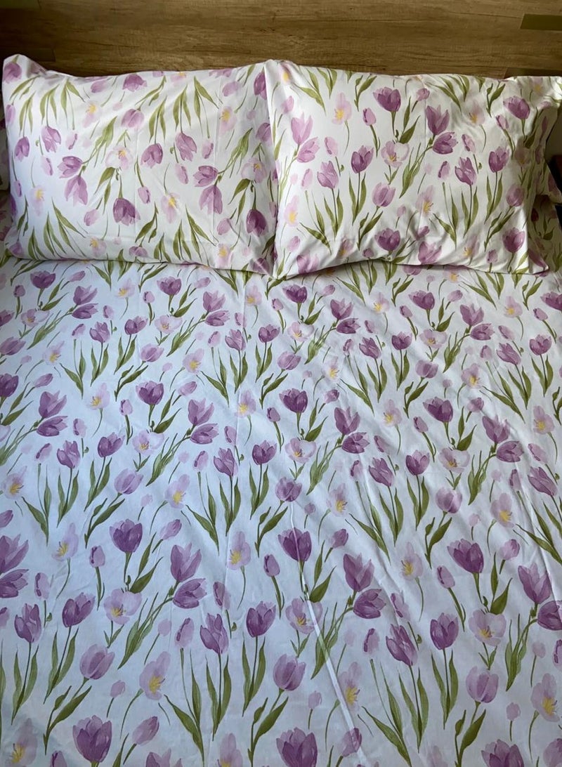 Yarlin-Bed Set (Flat Bedsheet for 180 cm beds and 2 Small Pillowcases (Purple Lotus) Design