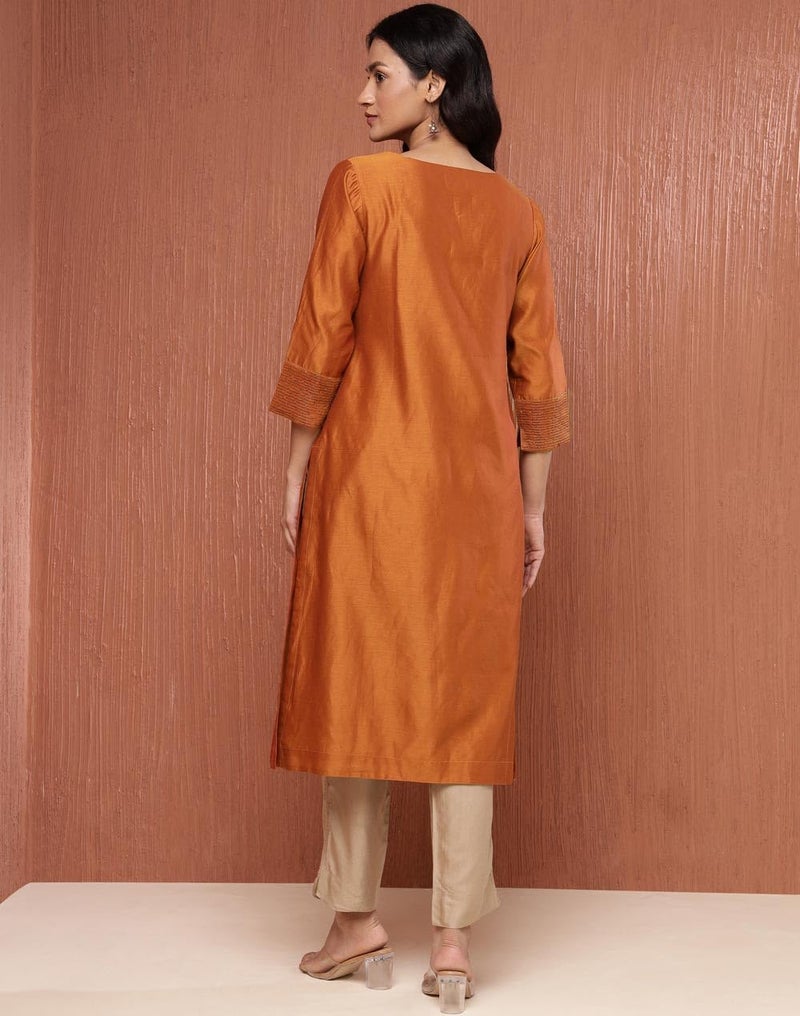 Fabindia Rust Cotton Silk Embroidered Long Kurta - Image 4
