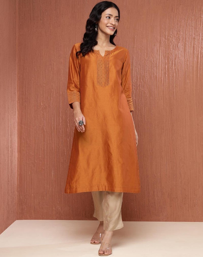 Fabindia Rust Cotton Silk Embroidered Long Kurta - Image 2