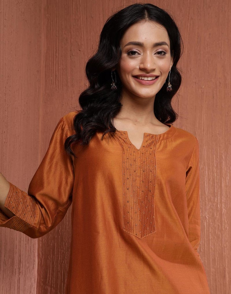 Fabindia Rust Cotton Silk Embroidered Long Kurta - Image 5