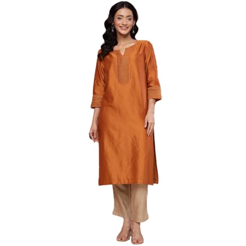 Fabindia Rust Cotton Silk Embroidered Long Kurta - Image 1