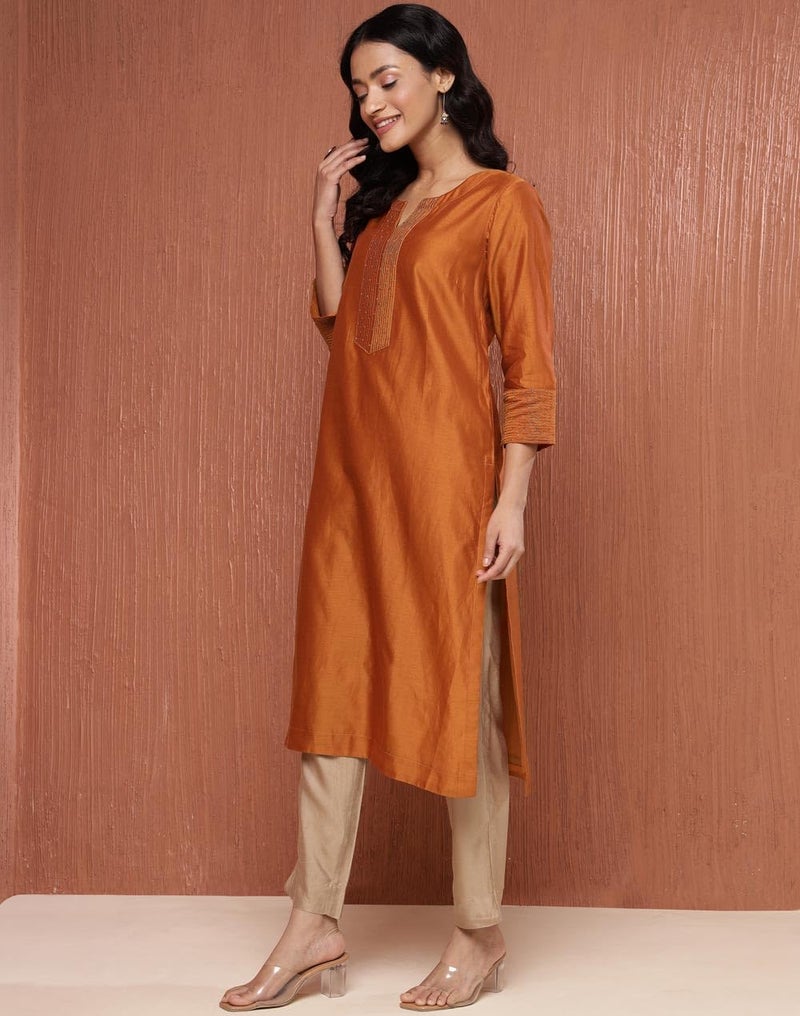 Fabindia Rust Cotton Silk Embroidered Long Kurta - Image 3