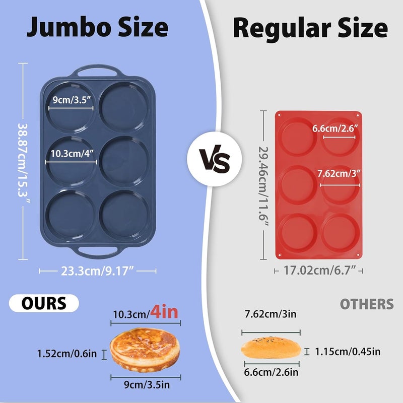 Vnray 4 Inch Jumbo Silicone Muffin Top Pan with Metal Frame, Non Stick Silicone Egg Mold for Oven, Large Whoopie Pie Baking Pan with Handle for English Breakfast Sandwich, Egg Bite, Bun Tart, Grey - Image 2