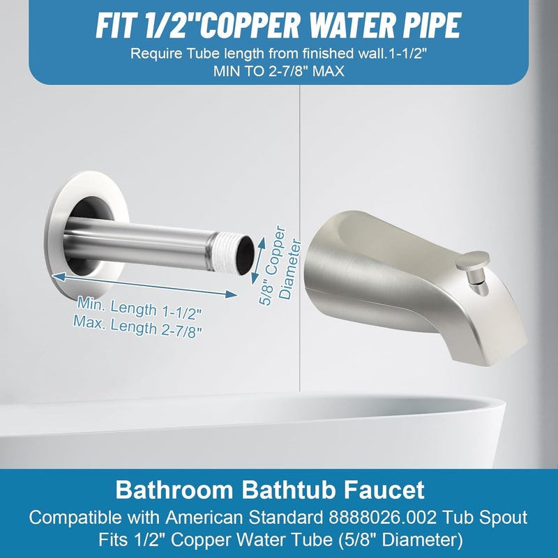 Coolfell Slip On Tub Spout with Diverter, for 1/2" Copper Pipe, Compatible with Kohler GP85556 Bath Tub Spout, Bathroom Bathtub Tub Faucet Replacement, with 5/32" Hex Wrench (Brushed Nickel) - Image 3