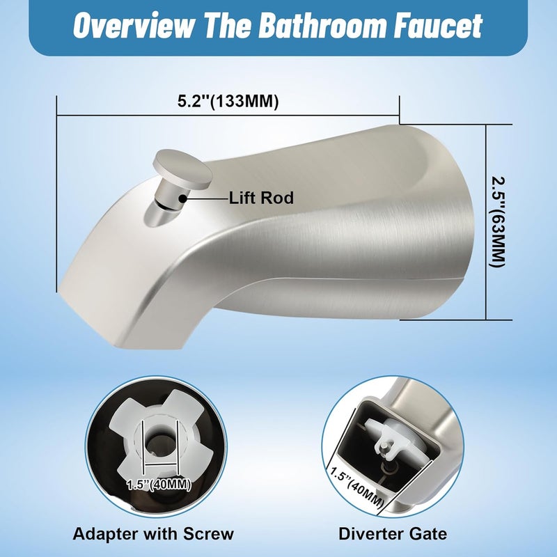 Coolfell Slip On Tub Spout with Diverter, for 1/2" Copper Pipe, Compatible with Kohler GP85556 Bath Tub Spout, Bathroom Bathtub Tub Faucet Replacement, with 5/32" Hex Wrench (Brushed Nickel) - Image 4