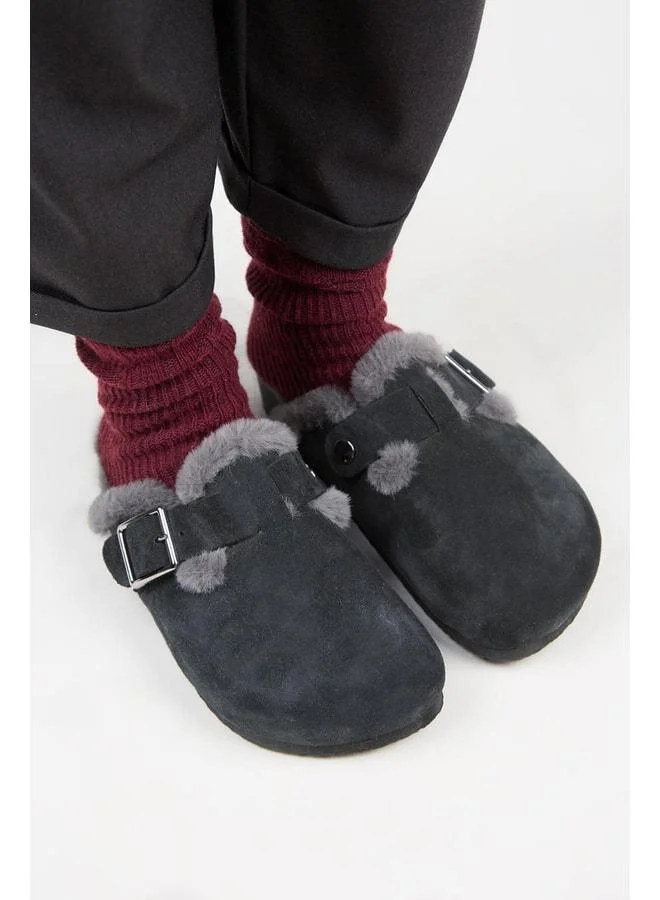 Manijero  Zeta 2 Furry Women's Genuine Leather Belted Buckle Sabo Anthracite Slippers. for Women | Best Price UAE