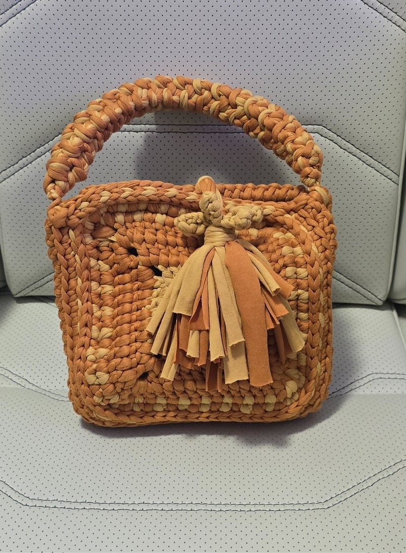 Crochet Handbag with Woven Handle and Tassel – Two-Tone Orange