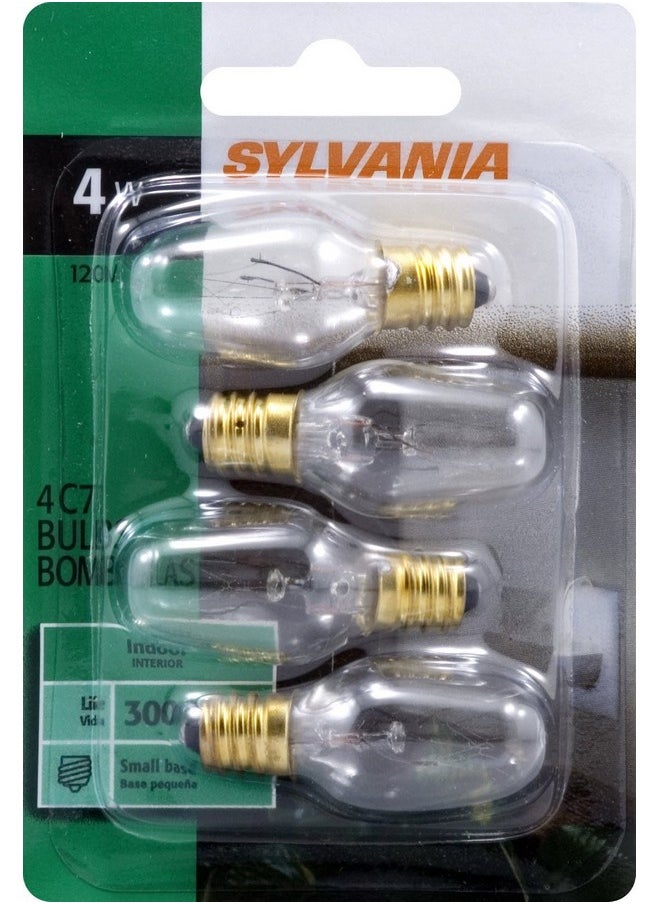 LEDVANCE SYLVANIA Incandescent Light Bulb, C7, 4W, Candelabra Base, 15 Lumens, 2850K, Non-Dimmable, Clear, Soft White - 4 Pack (13549)  - Image 1