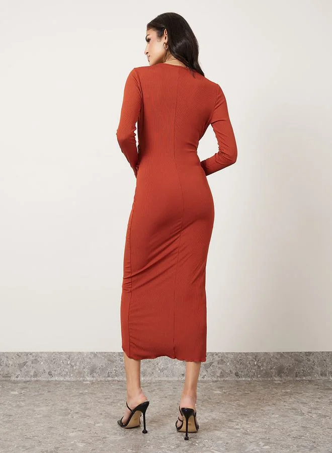 Styli Gathered Waist Ribbed Wrap Front Midi Dress