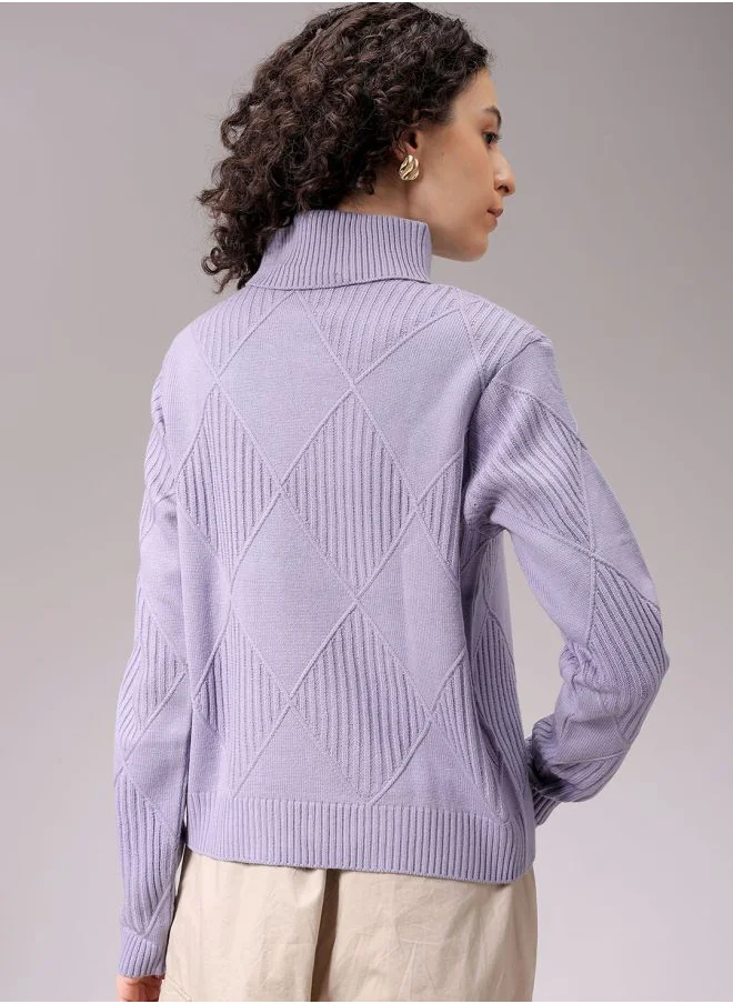 Freehand Women Relaxed Fit Argyle High Neck Sweater