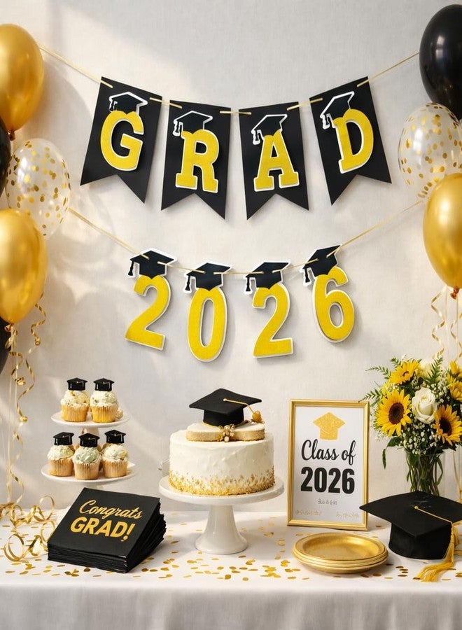 Auch Graduation Decorations 2026– DIY 3D Congrats Grad 2026 Banner Black and Gold Layered Grad Party Decor for School and Home Graduation Photo Backdrop (Black) - Image 2