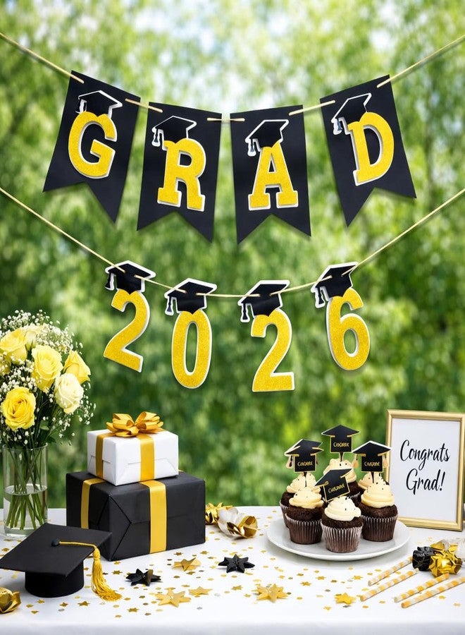 Auch Graduation Decorations 2026– DIY 3D Congrats Grad 2026 Banner Black and Gold Layered Grad Party Decor for School and Home Graduation Photo Backdrop (Black) - Image 3
