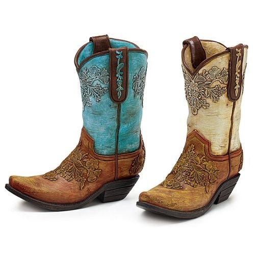Burton & Burton HandPainted Resin Cowboy Boot Vases Set of 2
