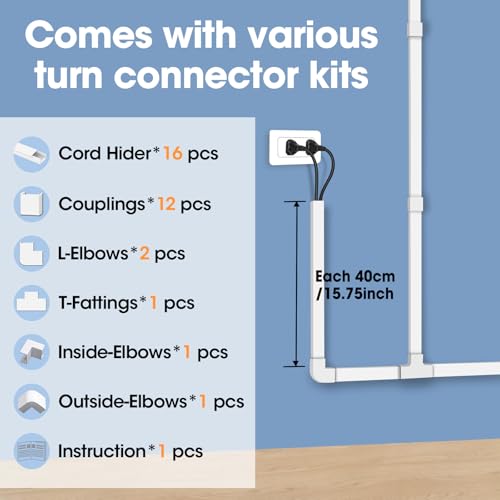 YesBes 250in Cord Hider Kit, Cord Covers for Wires on Wall, Paintable Cable Raceway, Cord Hider for Wall Mount tv, tv Cable Hider Wall kit, Wire Covers for Cords, 16X L15.75 X W0.96in X H0.57in, White - Image 4