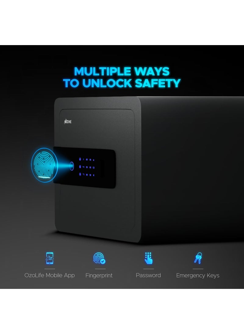 Ozone 30L WiFi Enabled Safe Locker with 4in1 Unlocking Fingerprint Password Mobile App Emergency Key Alloy Steel Low Battery Alert 2 Year Warranty