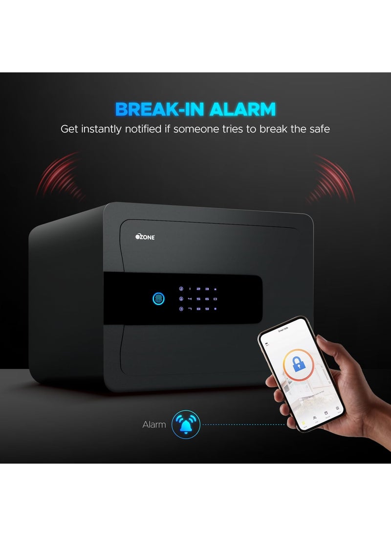 Ozone 30L WiFi Enabled Safe Locker with 4in1 Unlocking Fingerprint Password Mobile App Emergency Key Alloy Steel Low Battery Alert 2 Year Warranty