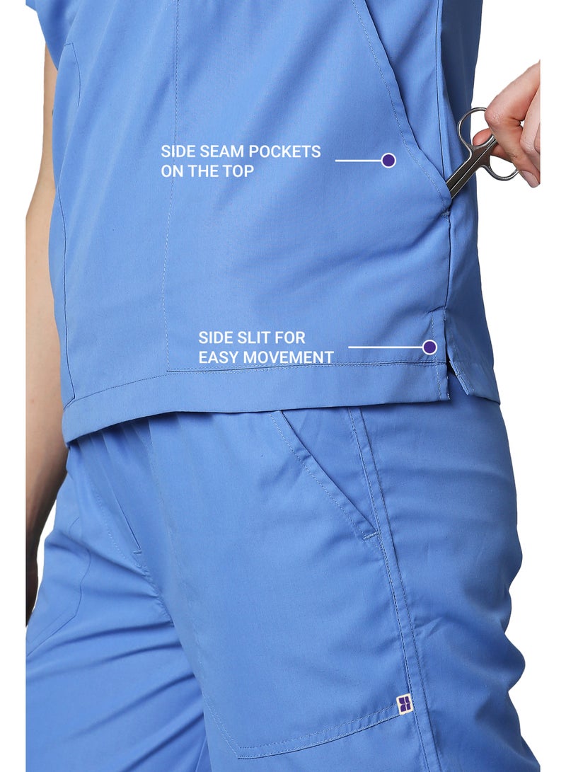 KNYA زيّ طبي نسائي كلاسيكي من KNYA بخمسة جيوب | ياقة على شكل حرف V | تصميم مرن ومريح للجزء العلوي والسفلي | جيوب يسهل الوصول إليها | زيّ موحد للأطباء | أزرق سماوي (مقاس متوسط) - Image 3
