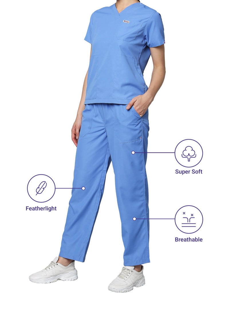KNYA زيّ طبي نسائي كلاسيكي من KNYA بخمسة جيوب | ياقة على شكل حرف V | تصميم مرن ومريح للجزء العلوي والسفلي | جيوب يسهل الوصول إليها | زيّ موحد للأطباء | أزرق سماوي (مقاس متوسط) - Image 5
