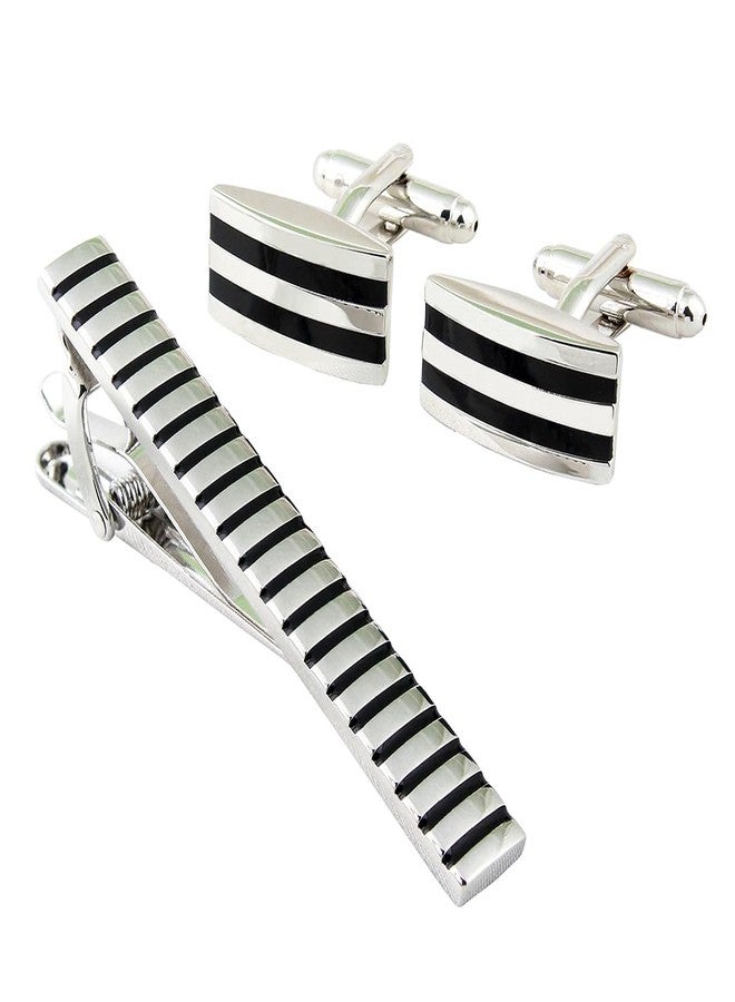 Peluche Mr. Dapper - Party Striped Silver Colored Cufflink and TiePin Set for Men - Image 1