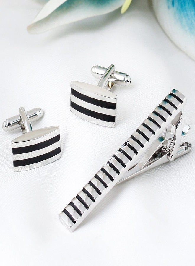 Peluche Mr. Dapper - Party Striped Silver Colored Cufflink and TiePin Set for Men - Image 2