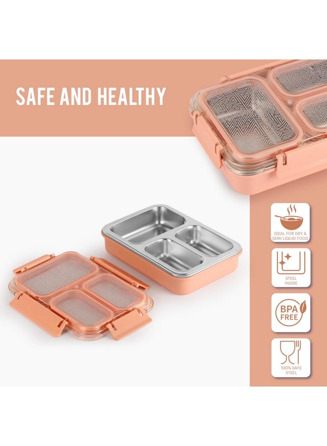Cello CELLO Tri Lunch Insulated Lunch Box | Inner Stainless Steel Compartment | Silicon Seal in The Lid with with 4 Sided Click Locks | Ideal for College,Office, Outdoor Activities | Peach | Set of 1  - Image 3