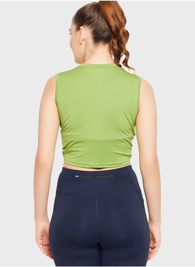 Clovia Comfort-Fit Front Knot Active Crop Top in Pista Green  - Image 2