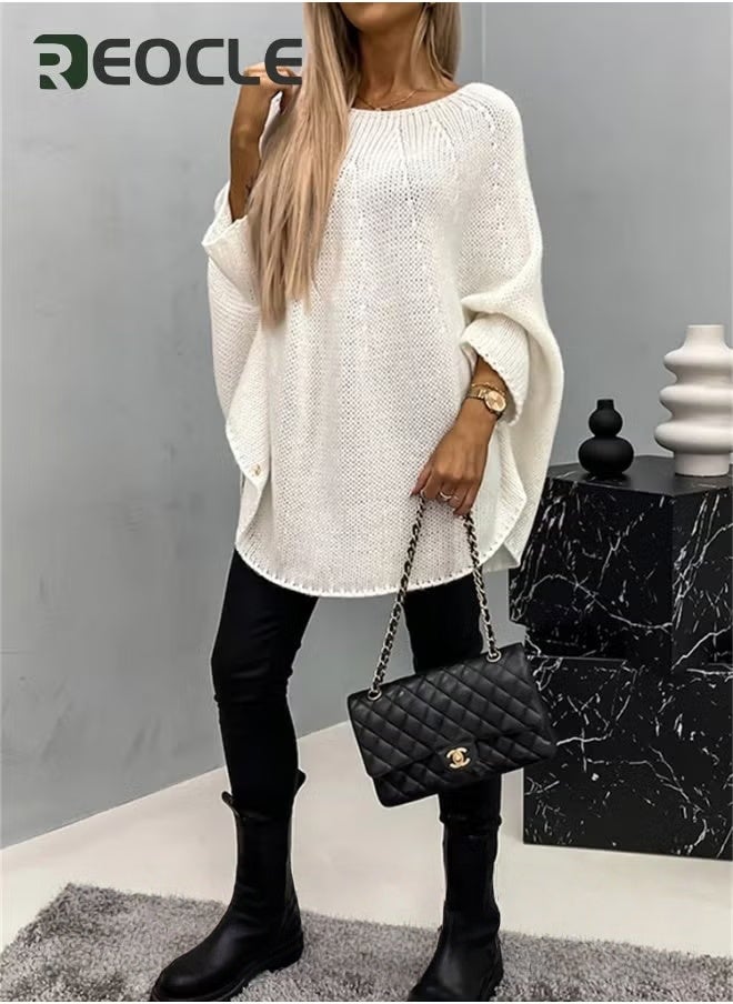 REOCLE Women's Winter Sweater Pullover Sweater Cape Cowl Neck Batwing Sweater with Round Neck Loose Casual Knit Tops for Travel Office  - Image 4