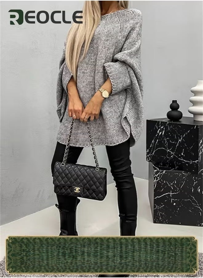 REOCLE Women's Winter Sweater Pullover Sweater Cape Cowl Neck Batwing Sweater with Round Neck Loose Casual Knit Tops for Travel Office  - Image 1