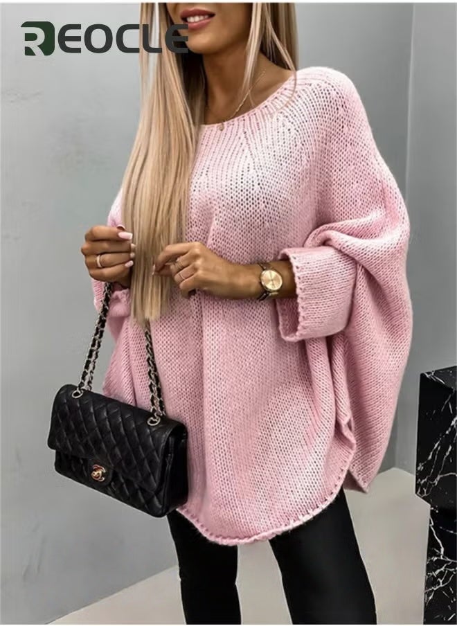 REOCLE Women's Winter Sweater Pullover Sweater Cape Cowl Neck Batwing Sweater with Round Neck Loose Casual Knit Tops for Travel Office  - Image 3