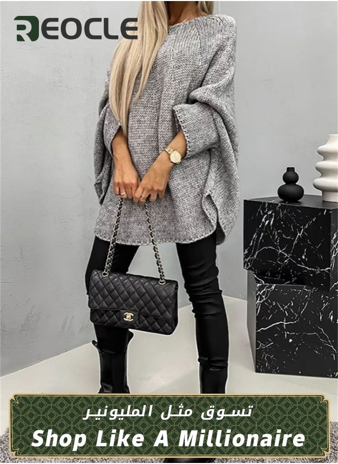 REOCLE Women's Winter Sweater Pullover Sweater Cape Cowl Neck Batwing Sweater with Round Neck Loose Casual Knit Tops for Travel Office  - Image 1