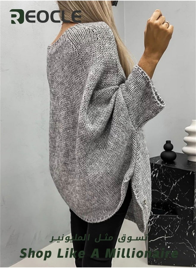 REOCLE Women's Winter Sweater Pullover Sweater Cape Cowl Neck Batwing Sweater with Round Neck Loose Casual Knit Tops for Travel Office  - Image 2