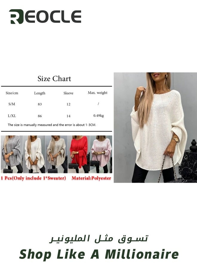 REOCLE Women's Winter Sweater Pullover Sweater Cape Cowl Neck Batwing Sweater with Round Neck Loose Casual Knit Tops for Travel Office  - Image 5