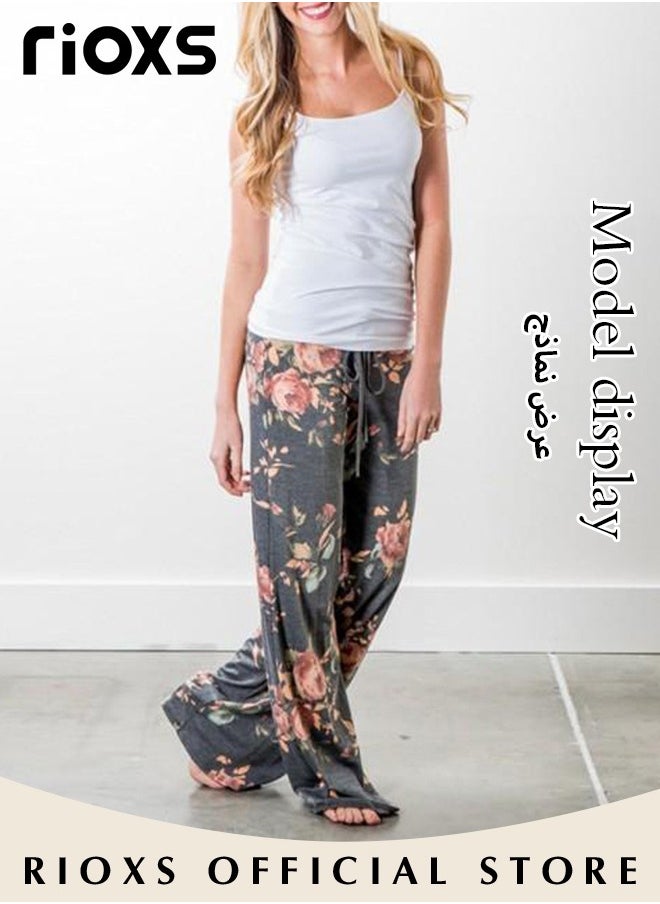 RIOXS - Women's Casual Pants Stretch Floral Print Drawstring Trousers High Waisted Wide Leg Lounge Pants With Pockets - Image 1