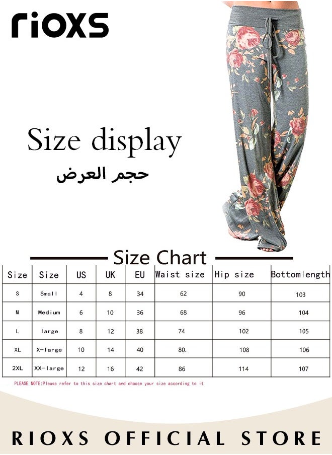 RIOXS - Women's Casual Pants Stretch Floral Print Drawstring Trousers High Waisted Wide Leg Lounge Pants With Pockets - Image 1