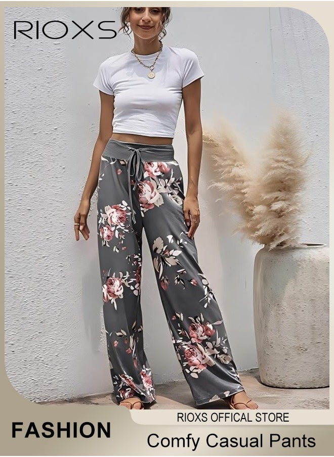 RIOXS - Women's Casual Pants Stretch Floral Print Drawstring Trousers High Waisted Wide Leg Lounge Pants With Pockets - Image 1