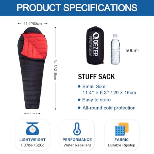 QEZER Ultralight Down Sleeping Bag for Adults 4568 Degree F with 600 Fill Power Compact Summer Sleeping Bag for Backpacking Hiking and Camping - Image 3