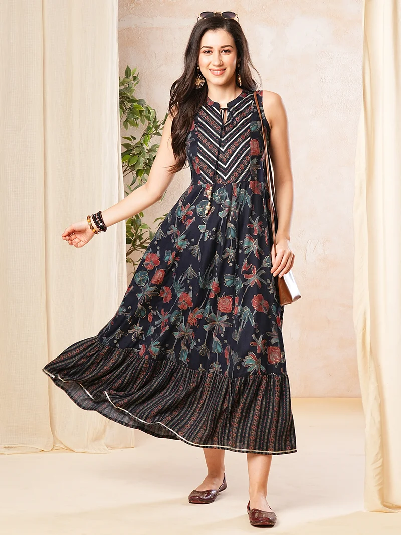 globus Women Floral Print Tie-Up Neck A-Line Maxi Dress